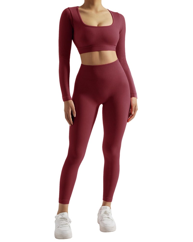 SUUKSESS 2 Piece Workout Sets for Women Long Sleeve Gym Sets Woman Butt Lifting Leggings Open Back Crop Tops - Image 3
