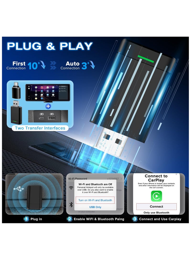 INSIJAM Wireless Carplay Adapter and Android Auto Adapter Effortlessly Convert Wired to Wireless CarPlay Stable Connetion for iPhone iOS 10+/ Android 11+/ Cars 2017+ with USB-A/Type-C Port - Image 4