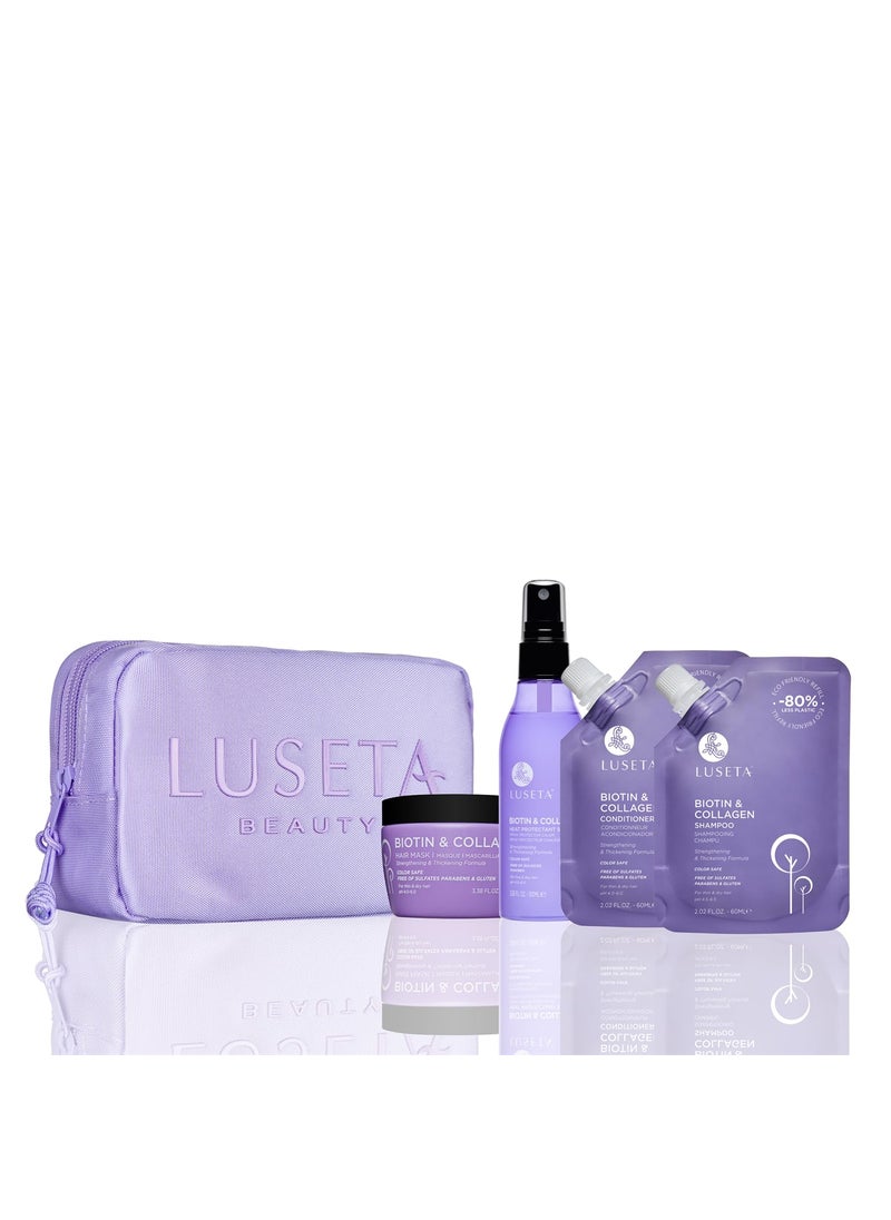 L LUSETA - Luseta Biotin & Collagen Jet-Set Hair Strengthen Kit, Travel Size Shampoo and Conditioner Set for Hair Growth with Hair Mask and Heat Protectant Spray for Women and Men, Hair Care Kit for Damaged Hair - Image 1