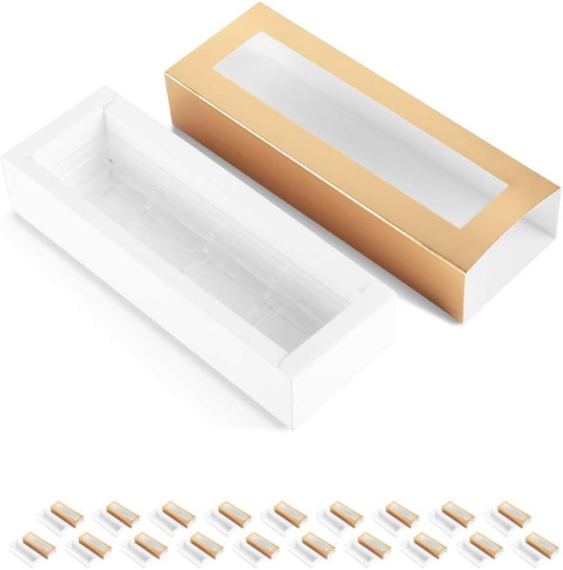 BAKIPACK 20 Truffle Boxes, Chocolate Boxes, Candy Boxes Packaging with 4-Piece Plastics Tray (Tray Size with 5.75x1.25 Inches), Pull Out Packing with Clear Window Sleeves, Gold - Image 1