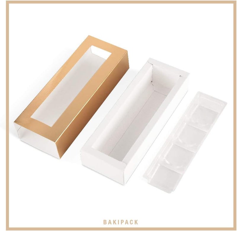 BAKIPACK 20 Truffle Boxes, Chocolate Boxes, Candy Boxes Packaging with 4-Piece Plastics Tray (Tray Size with 5.75x1.25 Inches), Pull Out Packing with Clear Window Sleeves, Gold - Image 5