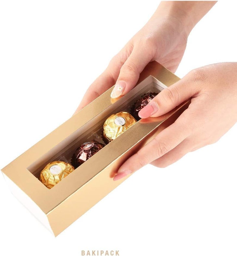 BAKIPACK 20 Truffle Boxes, Chocolate Boxes, Candy Boxes Packaging with 4-Piece Plastics Tray (Tray Size with 5.75x1.25 Inches), Pull Out Packing with Clear Window Sleeves, Gold - Image 2