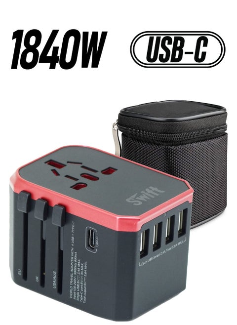 محول السفر العالمي 5.6A محول الطاقة الدولي للشحن السريع 4 منافذ USB مع الحقيبة الحمراء