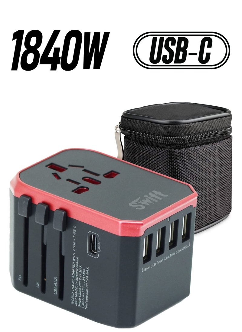 Swift محول السفر العالمي 5.6A محول الطاقة الدولي للشحن السريع 4 منافذ USB مع الحقيبة الحمراء  - Image 1