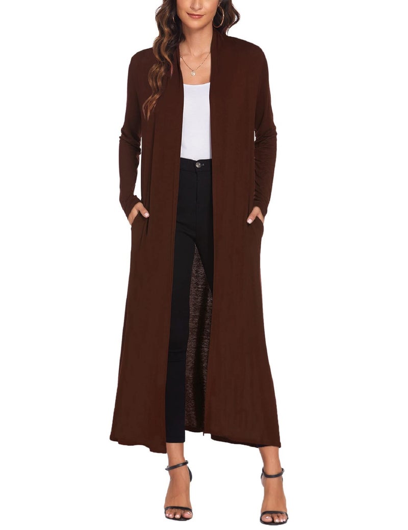 Bluetime Women Floor Length Open Front Cardigan Lightweight Long Sleeve Maxi Duster with Pockets (XL, Dark Brown) - Image 1