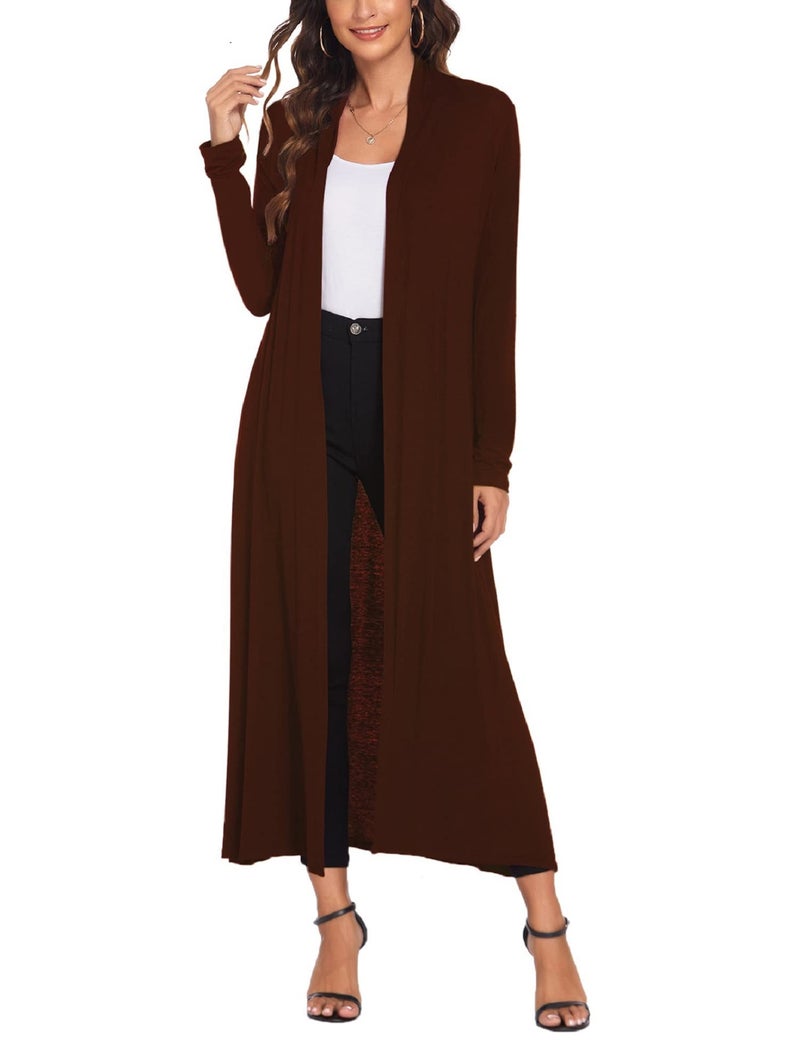 Bluetime Women Floor Length Open Front Cardigan Lightweight Long Sleeve Maxi Duster with Pockets (XL, Dark Brown) - Image 2