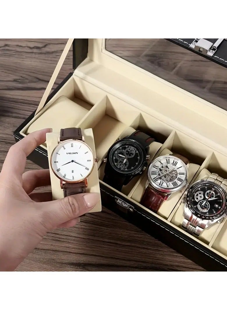 صندوق تخزين ساعات رجالي فاخر من الجلد الصناعي الأسود بـ6 فتحات مع داخلية كريمية - هدية عطلة مثالية لعشاق الساعات - Image 3