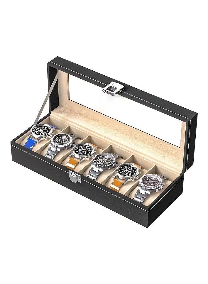 صندوق تخزين ساعات رجالي فاخر من الجلد الصناعي الأسود بـ6 فتحات مع داخلية كريمية - هدية عطلة مثالية لعشاق الساعات - Image 5