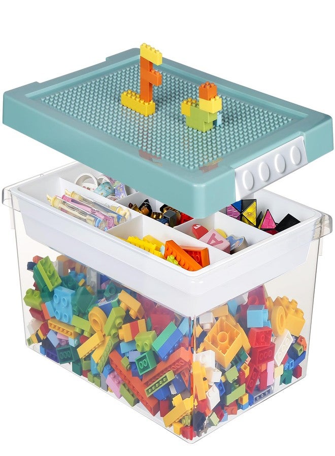 loobuu Plastic Storage Bins with Lids - 1 Set Stackable Arts Crafts Organizer Box with Removable Divided Tray &Compatible Building Baseplate,Toy Chest Containers for Bricks -Green(14.37"x9.64"x6.69") - Image 1