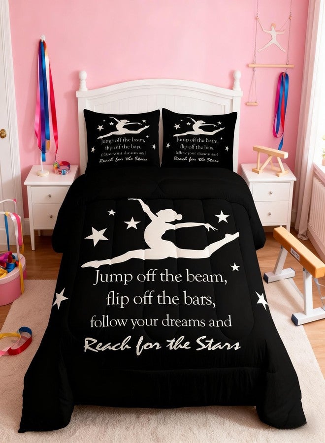 Man Fei Gymnastics Gymnast Silhouette Kids Comforter Set Full Size,Cheerleader Sports Stylish Bedding Set,Girls Boys Adults Xmas Decor,Dance Lovers Modern Down Comforter,Black Duvet Insert,2 Pillowcases - Image 1