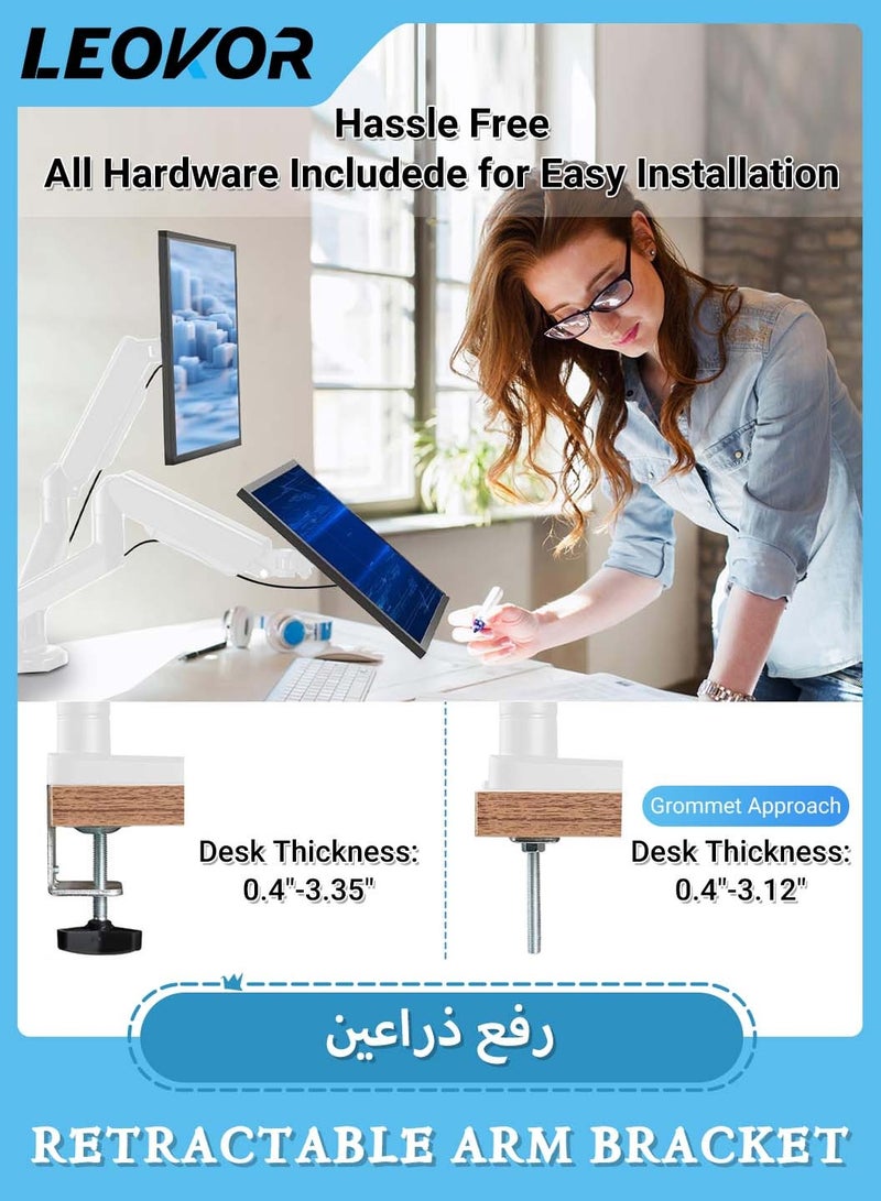 LEOKOR Dual Monitor Mount for 13 to 32 inch Screen,Each Arm Holds Max 9Kg,Gas Spring Dual Monitor Stand,Height Adjustable/Tilt/Swivel/Rotate,VESA 75mm or 100mm White  - Image 5