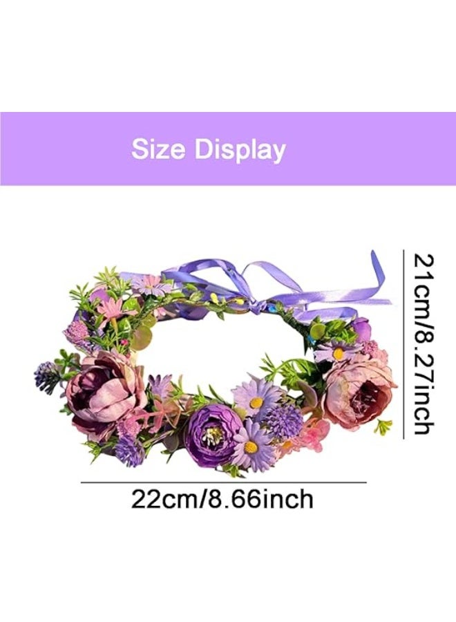 Elandy Boho Flower Headband with Adjustable Ribbon Headpiece Floral Crown Hair Wreaths for Brides Bridesmaids Wedding Beach Festival - Image 2