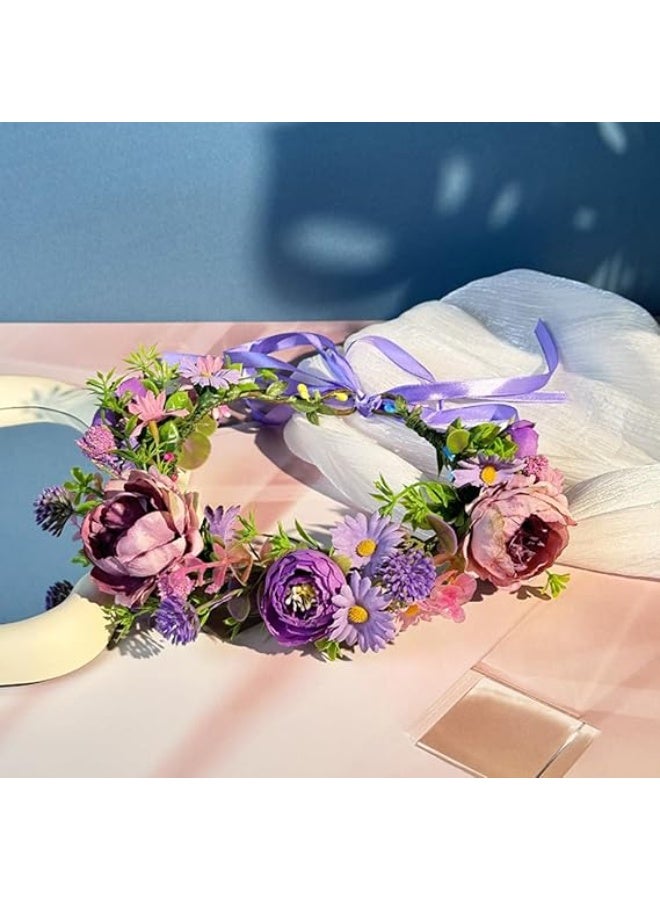 Elandy Boho Flower Headband with Adjustable Ribbon Headpiece Floral Crown Hair Wreaths for Brides Bridesmaids Wedding Beach Festival - Image 5