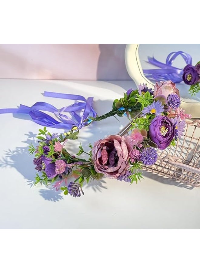 Elandy Boho Flower Headband with Adjustable Ribbon Headpiece Floral Crown Hair Wreaths for Brides Bridesmaids Wedding Beach Festival - Image 3