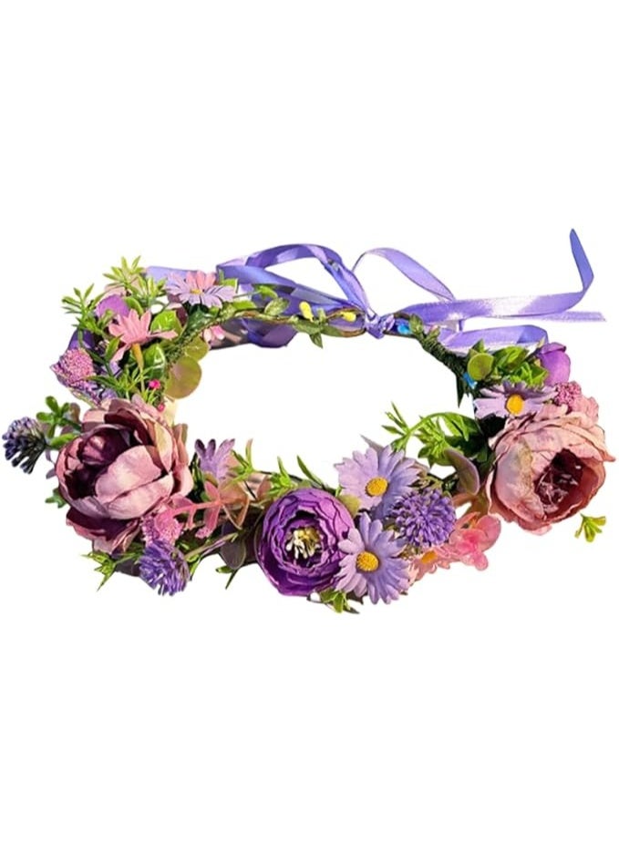 Elandy Boho Flower Headband with Adjustable Ribbon Headpiece Floral Crown Hair Wreaths for Brides Bridesmaids Wedding Beach Festival - Image 1