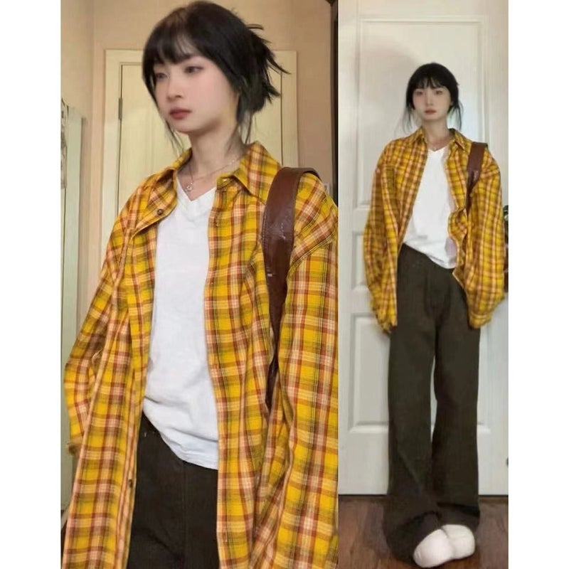 Hong Kong Style Chic Pair Plaid Shirt Womens 2024 Spring and Autumn Loose All-match Slimming Small Long-sleeved Top 706#Yellow plaid [ready stock, fast delivery, high quality]