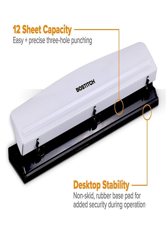 Bostitch Office Premium 3 Hole Punch, 12 Sheet Capacity, Metal, Rubber Base, Easy-Clean Tray, White (KT-HP12-WHITE) - Image 2