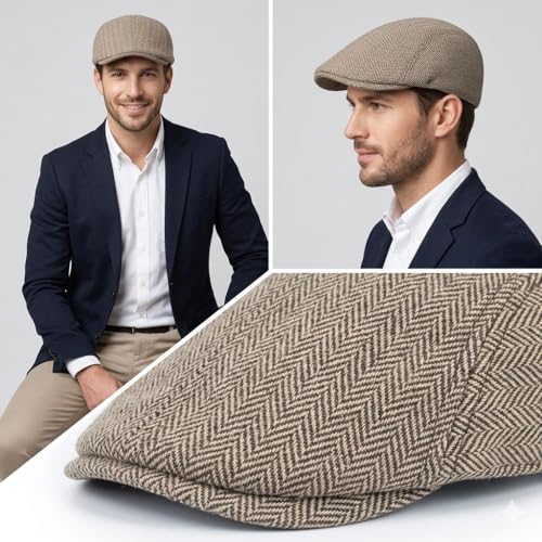 RR DESIGN Men’s Flat Cap Peaky Blender Tweed Ivy Gatsby Cap – Classic British Style Newsboy Driving Golf Hat – Lightweight Breathable Vintage Fashion Cap for Men (Beige Peaky Blender Pattern) - Image 3