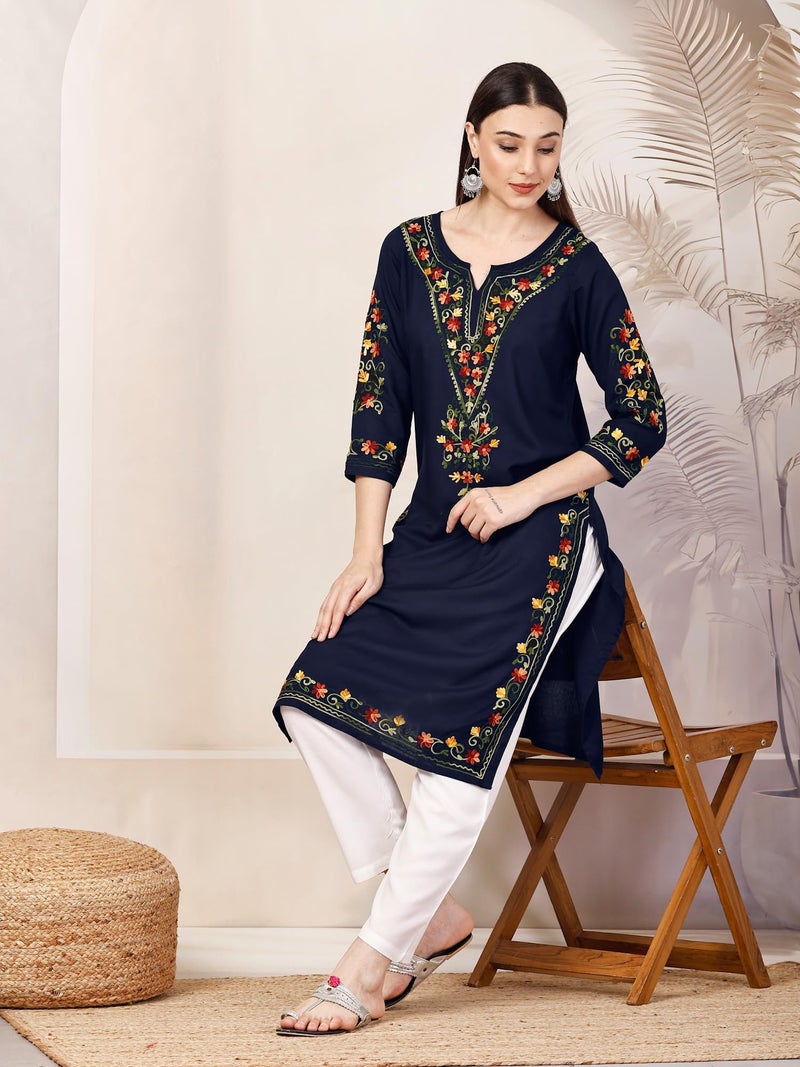 QAZMI Women Rayon Cotton Straight Tunic Shirt Aafreen Blue Long_XS Navy Blue XS - Image 3