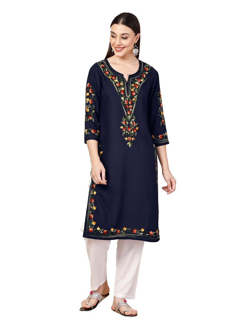 QAZMI Women Rayon Cotton Straight Tunic Shirt Aafreen Blue Long_XS Navy Blue XS - Image 1