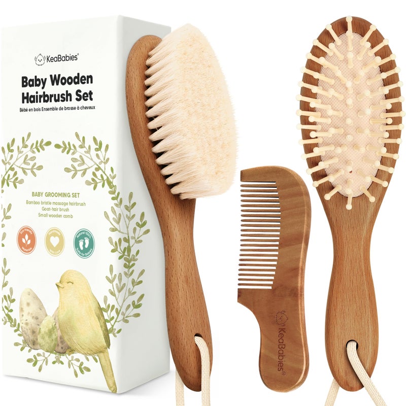KeaBabies Baby Hair Brush and Comb Set for Newborn - Wooden Baby Hair Brush Set with Soft Goat Bristle, Baby Brush Set for Newborns,Baby Brush and Comb Set Girl, Boy,Toddler Cradle Cap Brush (Oval, Dark Walnut) - Image 1