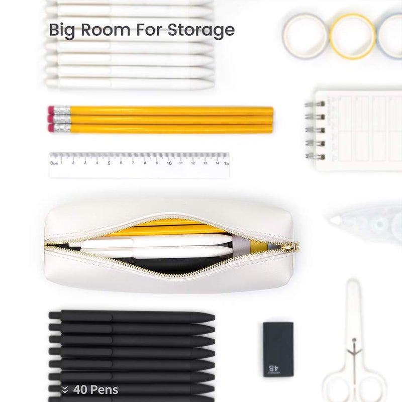 DOBMIT PU Pencil Pen Case Portable Stationery Bag Big Capacity Pencil Pouch Cosmetic Organizer Bag for Adult- Beige - Image 2