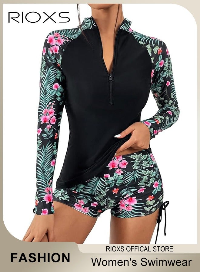 ريوكس 2 قطعة من ملابس السباحة الطويلة للنساء، مجموعة ملابس سباحة مزودة بسحاب لحماية من الأشعة فوق البنفسجية، ملابس سباحة قابلة للتنفس وسريعة الجفاف مزينة بنقوش زهور، قميص وشورت مطاطي لحماية من الأشعة فوق البنفسجية، مناسبة لركوب الأمواج والغوص والسباحة أو الأنشطة الشاطئية - Image 1