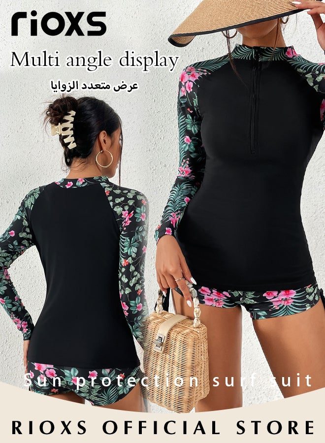 ريوكس 2 قطعة من ملابس السباحة الطويلة للنساء، مجموعة ملابس سباحة مزودة بسحاب لحماية من الأشعة فوق البنفسجية، ملابس سباحة قابلة للتنفس وسريعة الجفاف مزينة بنقوش زهور، قميص وشورت مطاطي لحماية من الأشعة فوق البنفسجية، مناسبة لركوب الأمواج والغوص والسباحة أو الأنشطة الشاطئية - Image 3