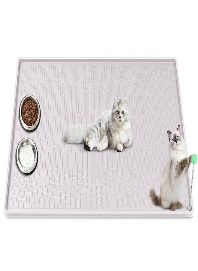 Bartuke Cat Food Mat with Toy Ball, 38'' x 25'' Extra Large Silicone Pet Feeding Mat with Raised Edge Pet Placemat for Food and Water Bowl Non-Slip, Easy to Clean, Floor Protection (White) - Image 1