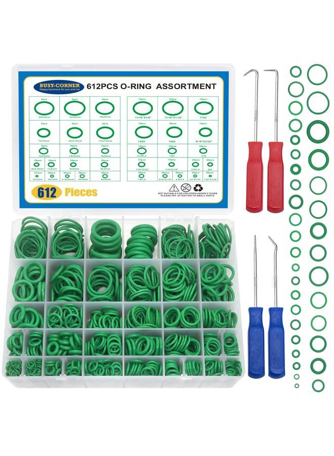 BUSY-CORNER 612 Pcs Automotive AC O Rings Kit, SAE& Metric Air Conditioning O Rings Assortment for Car A/C Compressor and Professional Plumbing Faucet Seal Repair with 4PCS O-Ring Picks - Image 1