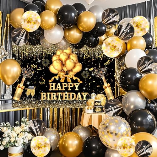 YinQin 63 PCS Black Gold Happy Birthday Party Balloons Set with Photo Backgrounds Backdrops Banner Cloth Confetti Balloon Black Golden Happy Birthday Party Supplies Decorations for Men Women - Image 1