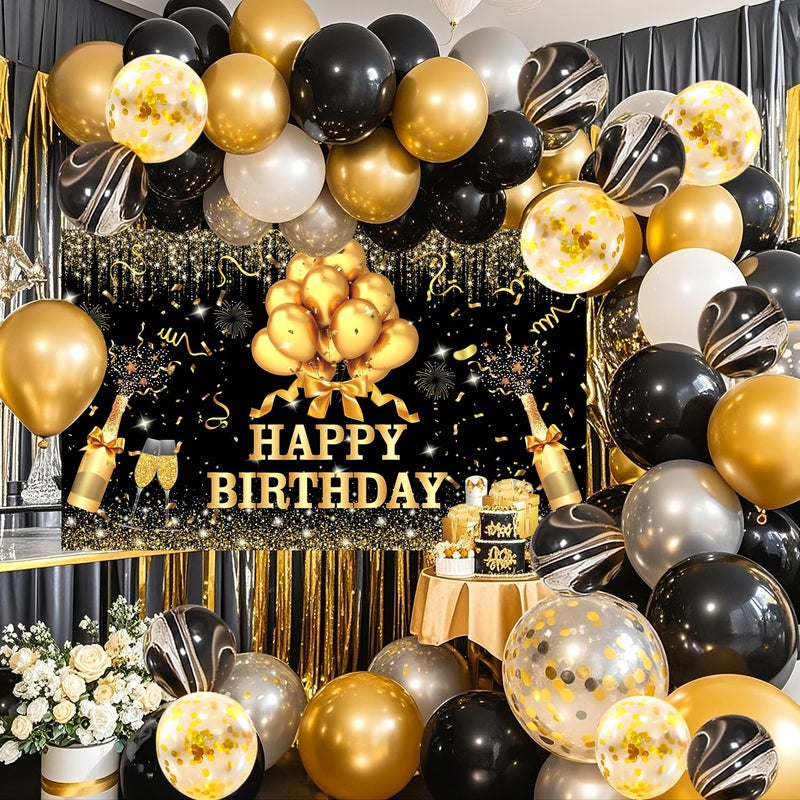 YinQin 63 PCS Black Gold Happy Birthday Party Balloons Set with Photo Backgrounds Backdrops Banner Cloth Confetti Balloon Black Golden Happy Birthday Party Supplies Decorations for Men Women - Image 2
