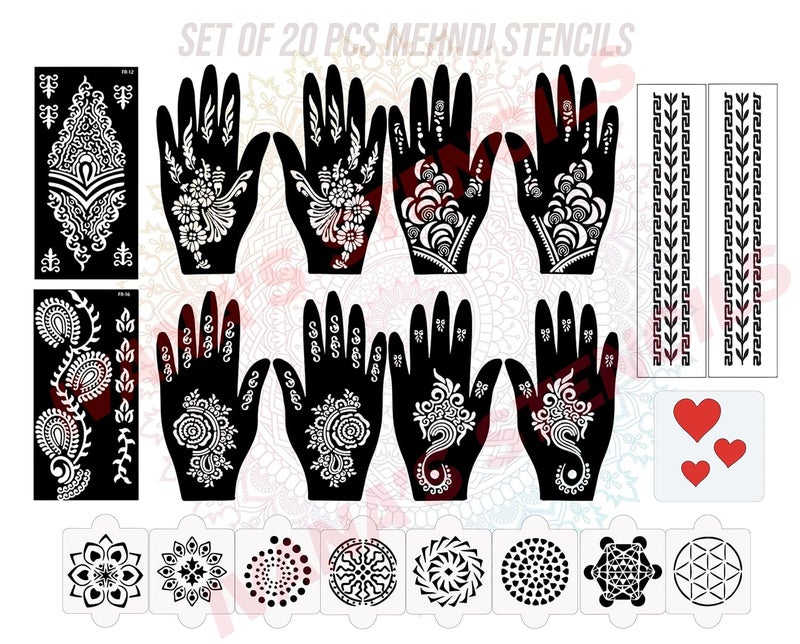 ivana's Ivanas Set of 20 Pcs Combo Pack Reusable Mehandi Design Sticker Stencils for Both Hand  Mehendi Stencil Durable  Quick and Easy to Use for Girls Women Kids  Teen D2190 - Image 1
