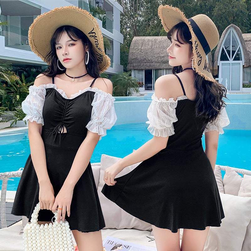 Women''s one-piece swimsuit summer Korean-style ins conservative skirt meat-covered slimming small chest gathered hot spring swimsuit - Image 1
