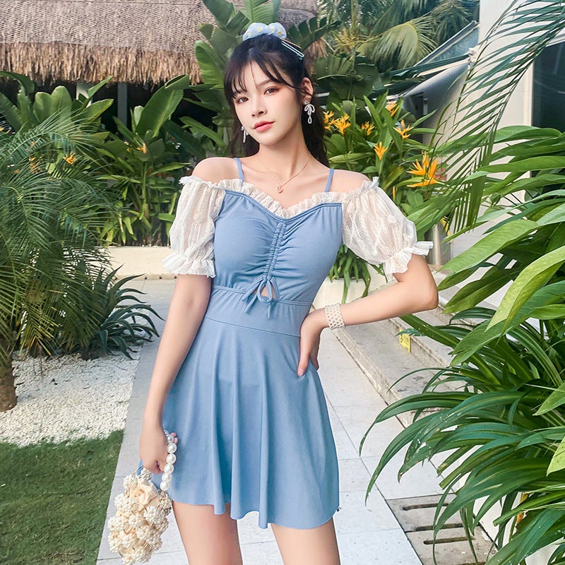 Women''s one-piece swimsuit summer Korean-style ins conservative skirt meat-covered slimming small chest gathered hot spring swimsuit - Image 3