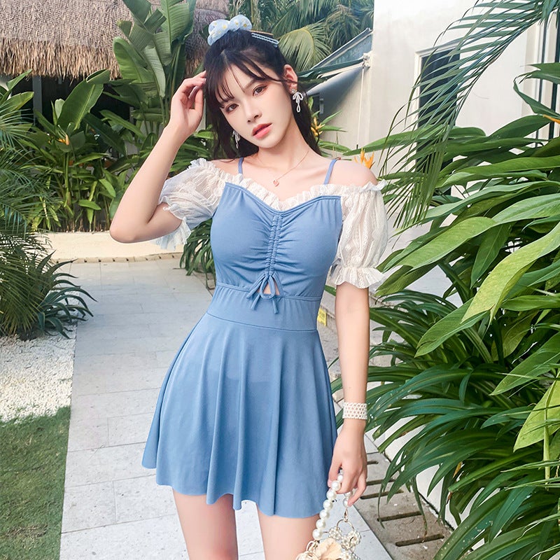 Women''s one-piece swimsuit summer Korean-style ins conservative skirt meat-covered slimming small chest gathered hot spring swimsuit - Image 4