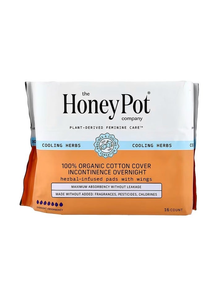 The Honey Pot Company, 100% Organic Cotton Cover, Herbal-Infused Pads With Wings, Incontinence Overnight, 16 Count - Image 1