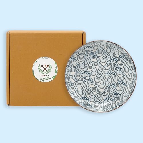OLWICK® Japanese Style 8-Inch Ceramic Round Dinner Plate – Microwave & Dishwasher Safe, 20.4x4.3cm Porcelain Dish for Seafood, Appetizers & Snacks, Waves (1 Piece) - Image 1