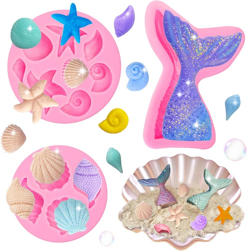 Roxjaejae 3 Pcs Marine Theme Silicone Molds, Fondant Cake Mold Seashell Starfish Conch Silicone Baking Mold Mermaid Tail Clay Molds for Cupcake Cake Decoration Chocolate Candy DIY Crafts - Image 1