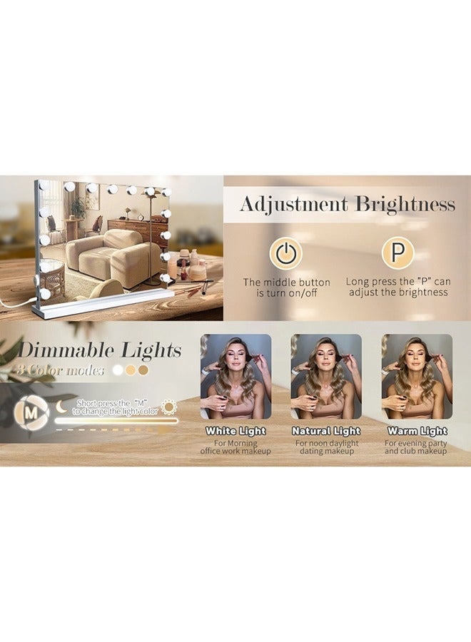WALALLA Hollywood Vanity Mirror with Lights, 15 Dimmable LED Bulbs 3 Color Lighted Makeup Mirror with Detachable 10X Magnification Mirror, Tabletop or Wall-Mounted, Touch Control - Image 4
