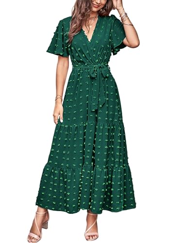 MASCOMODA Womens Boho Swiss Dot Maxi Dresses Wrap V Neck Flutter Short Sleeve Solid Tie Belt A Line Tiered Flowy Long Dress(Dark Green,Medium) - Image 1