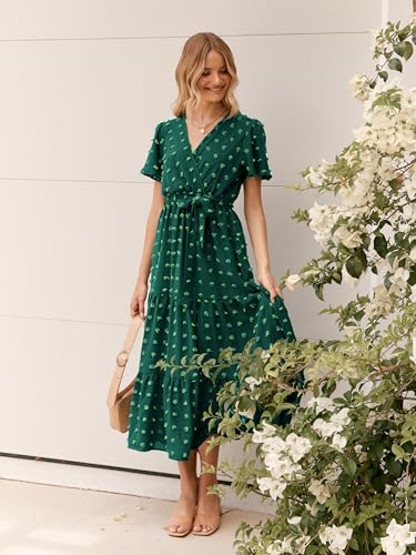 MASCOMODA Womens Boho Swiss Dot Maxi Dresses Wrap V Neck Flutter Short Sleeve Solid Tie Belt A Line Tiered Flowy Long Dress(Dark Green,Medium) - Image 4