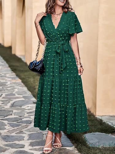 MASCOMODA Womens Boho Swiss Dot Maxi Dresses Wrap V Neck Flutter Short Sleeve Solid Tie Belt A Line Tiered Flowy Long Dress(Dark Green,Medium) - Image 3