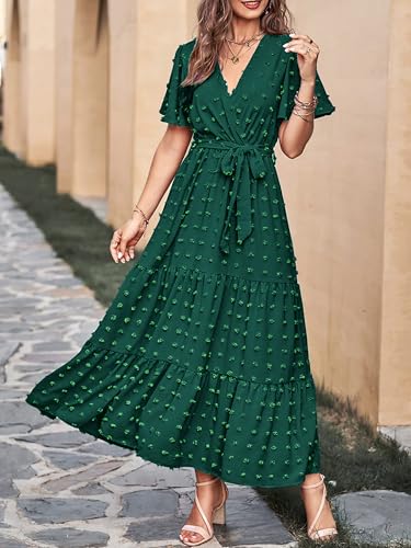 MASCOMODA Womens Boho Swiss Dot Maxi Dresses Wrap V Neck Flutter Short Sleeve Solid Tie Belt A Line Tiered Flowy Long Dress(Dark Green,Medium) - Image 2