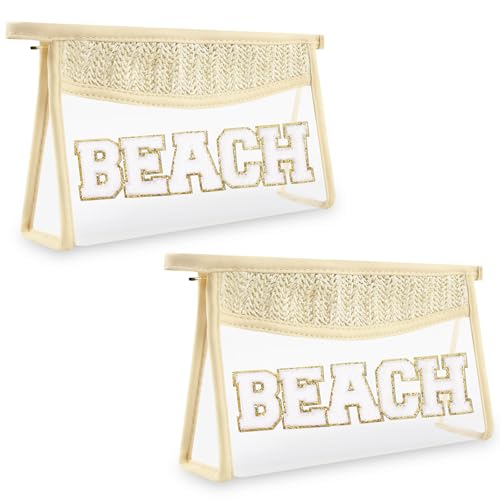 Iqimott 2Pcs Clear Patch Makeup Letter Bag Boho Letter Bag for Beach Swim Waterproof Zipper Make up Bags Toiletry Pouch for Women Girls Clear Letters Patch Cosmetic Bags for TravelBeach - Image 1