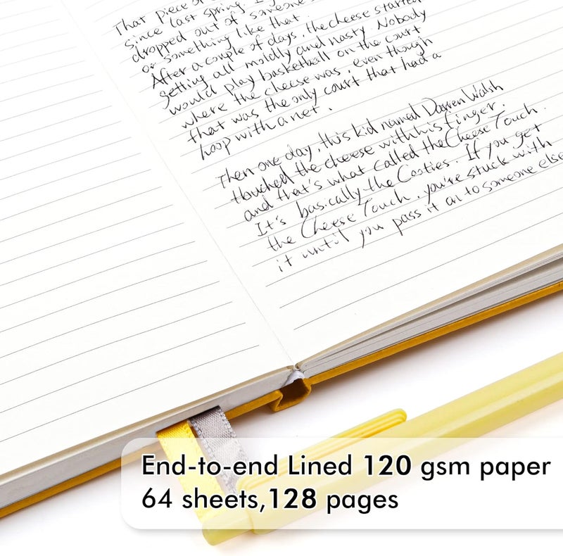 Feela 3 Pack Notebooks Journals Bulk with 3 Black Pens, A5 Hardcover Notebook Classic Ruled Lined Journal Set with Pen Holder for Work Business Journaling Note Taking, 120 GSM, 5.1”x8.3”, Yellow - Image 3