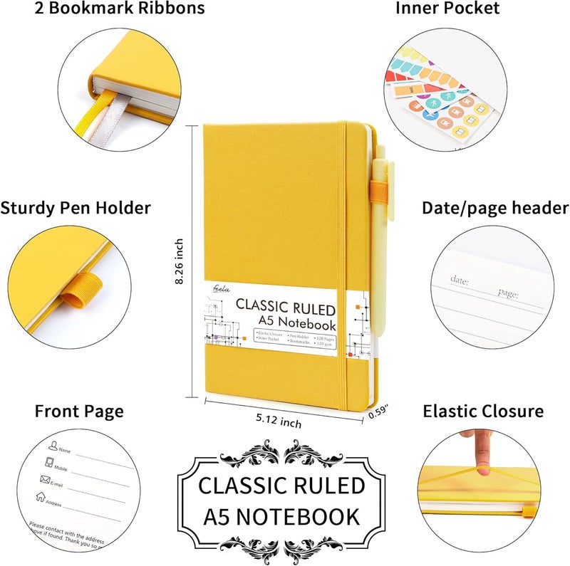 Feela 3 Pack Notebooks Journals Bulk with 3 Black Pens, A5 Hardcover Notebook Classic Ruled Lined Journal Set with Pen Holder for Work Business Journaling Note Taking, 120 GSM, 5.1”x8.3”, Yellow - Image 2