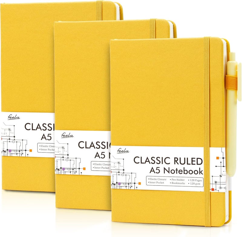Feela 3 Pack Notebooks Journals Bulk with 3 Black Pens, A5 Hardcover Notebook Classic Ruled Lined Journal Set with Pen Holder for Work Business Journaling Note Taking, 120 GSM, 5.1”x8.3”, Yellow - Image 1