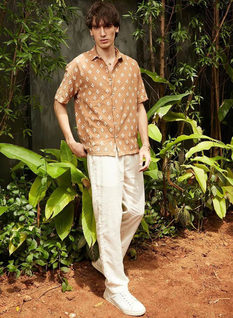 CAHOOT  Men's Tan Brown Floral-Tactile Oversized Shirt for Men | Best Price UAE