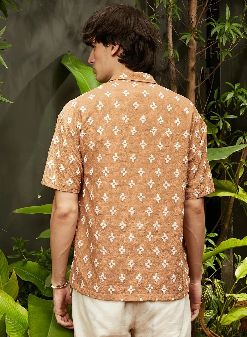 CAHOOT  Men's Tan Brown Floral-Tactile Oversized Shirt for Men | Best Price UAE